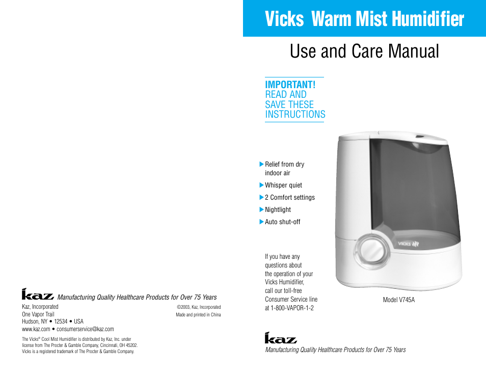 Vicks V745A User Manual | 5 pages