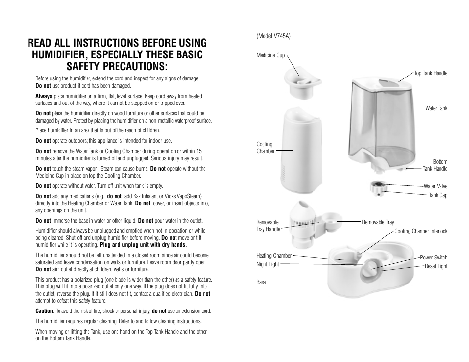 Vicks, Warm mist humidifier | Vicks V745A User Manual | Page 2 / 5