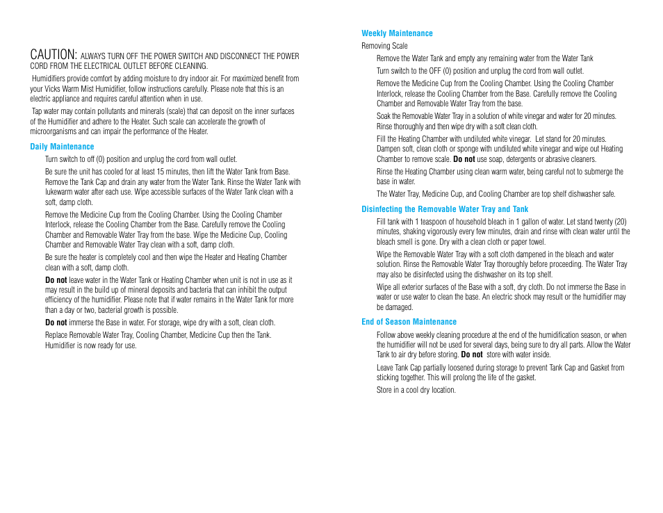 Care and cleaning, Caution | Vicks V745A User Manual | Page 4 / 5