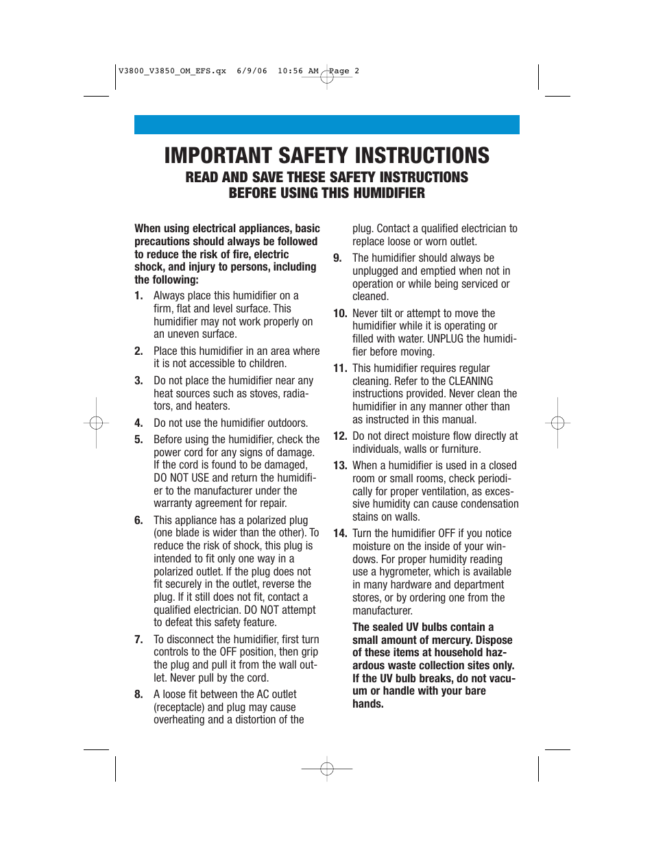 Important safety instructions | Vicks V3800 Series User Manual | Page 2 / 32