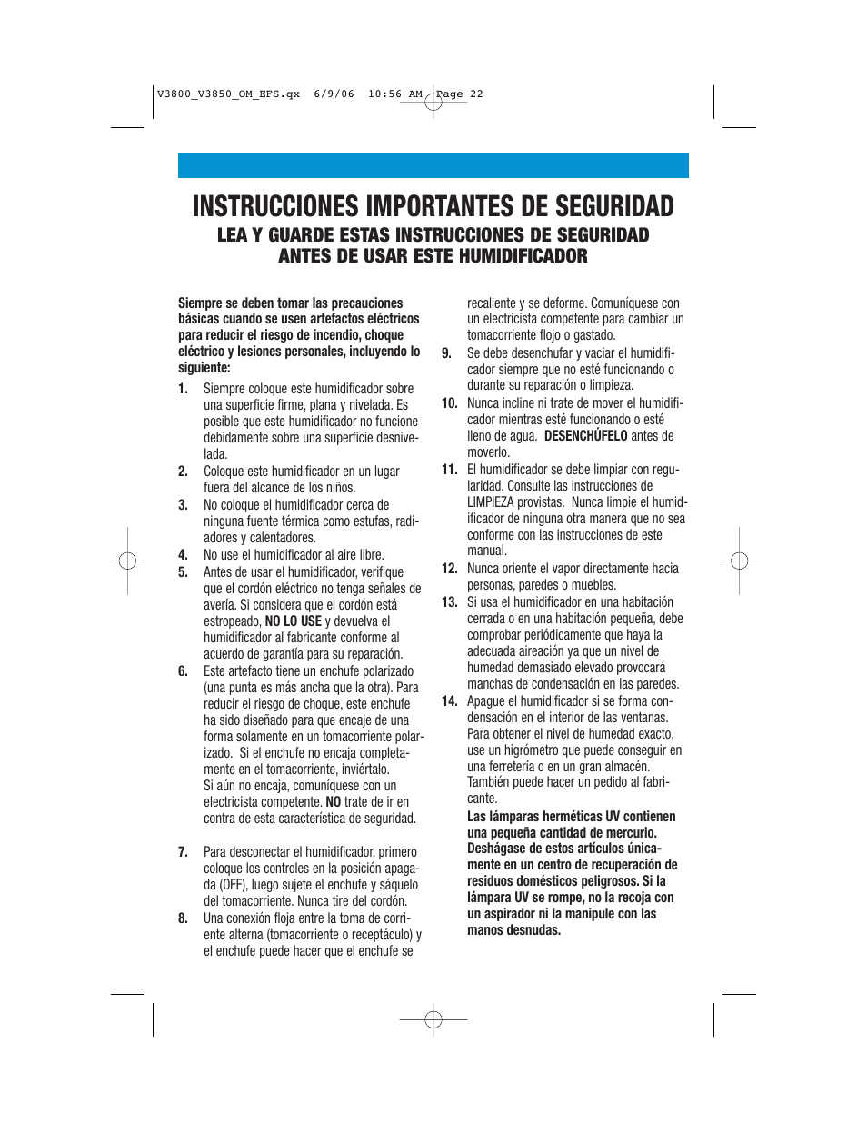 Instrucciones importantes de seguridad | Vicks V3800 Series User Manual | Page 22 / 32
