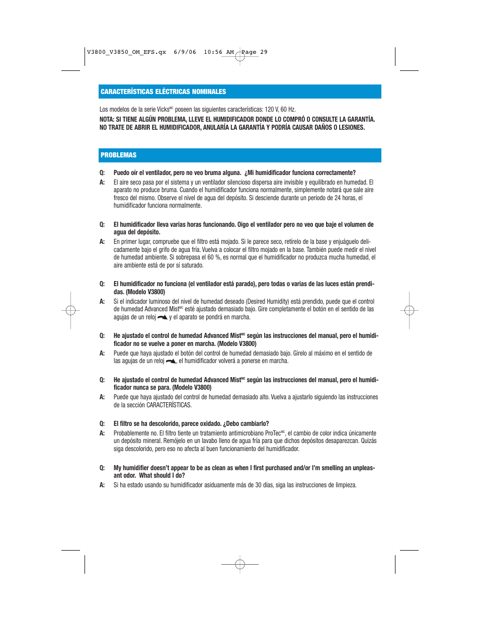 Vicks V3800 Series User Manual | Page 29 / 32