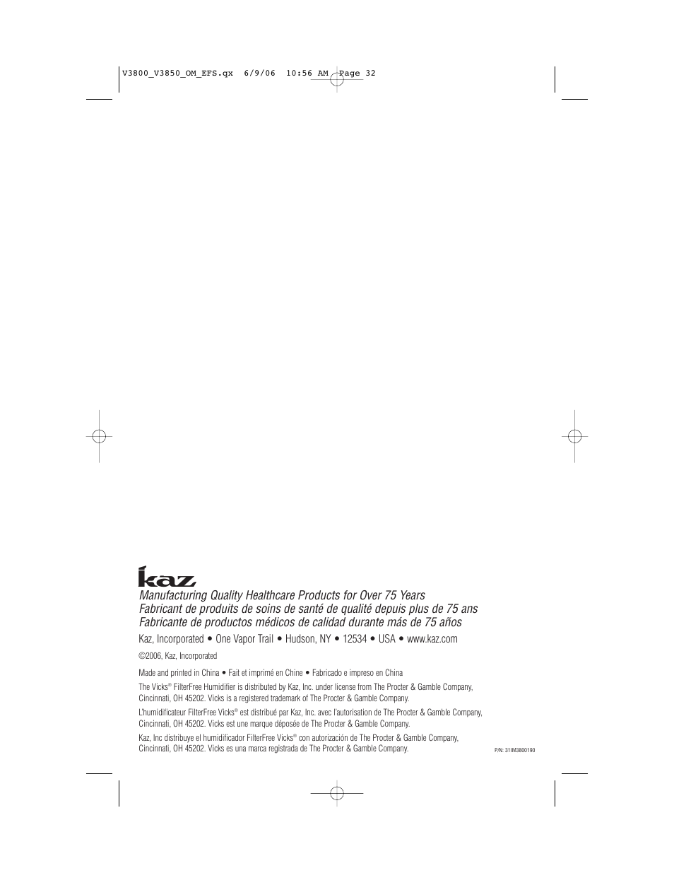 Vicks V3800 Series User Manual | Page 32 / 32
