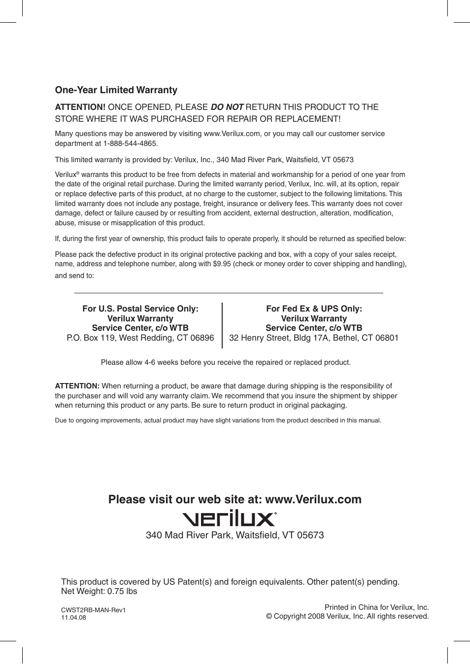Verilux ClearWave CWST2RB User Manual | Page 16 / 16