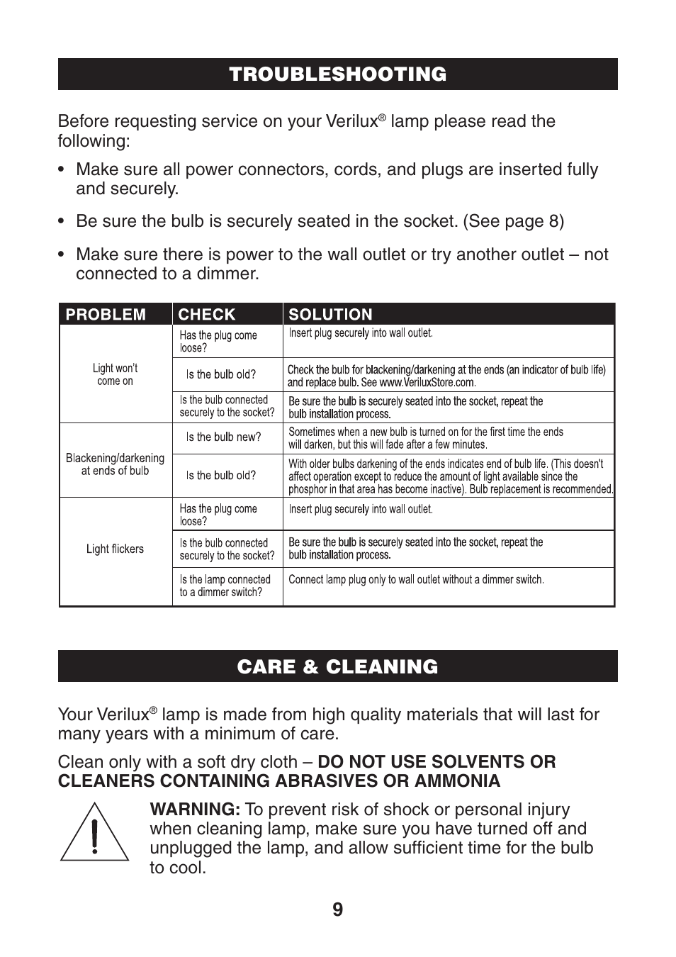9troubleshooting, Care & cleaning | Verilux VP02 User Manual | Page 10 / 12