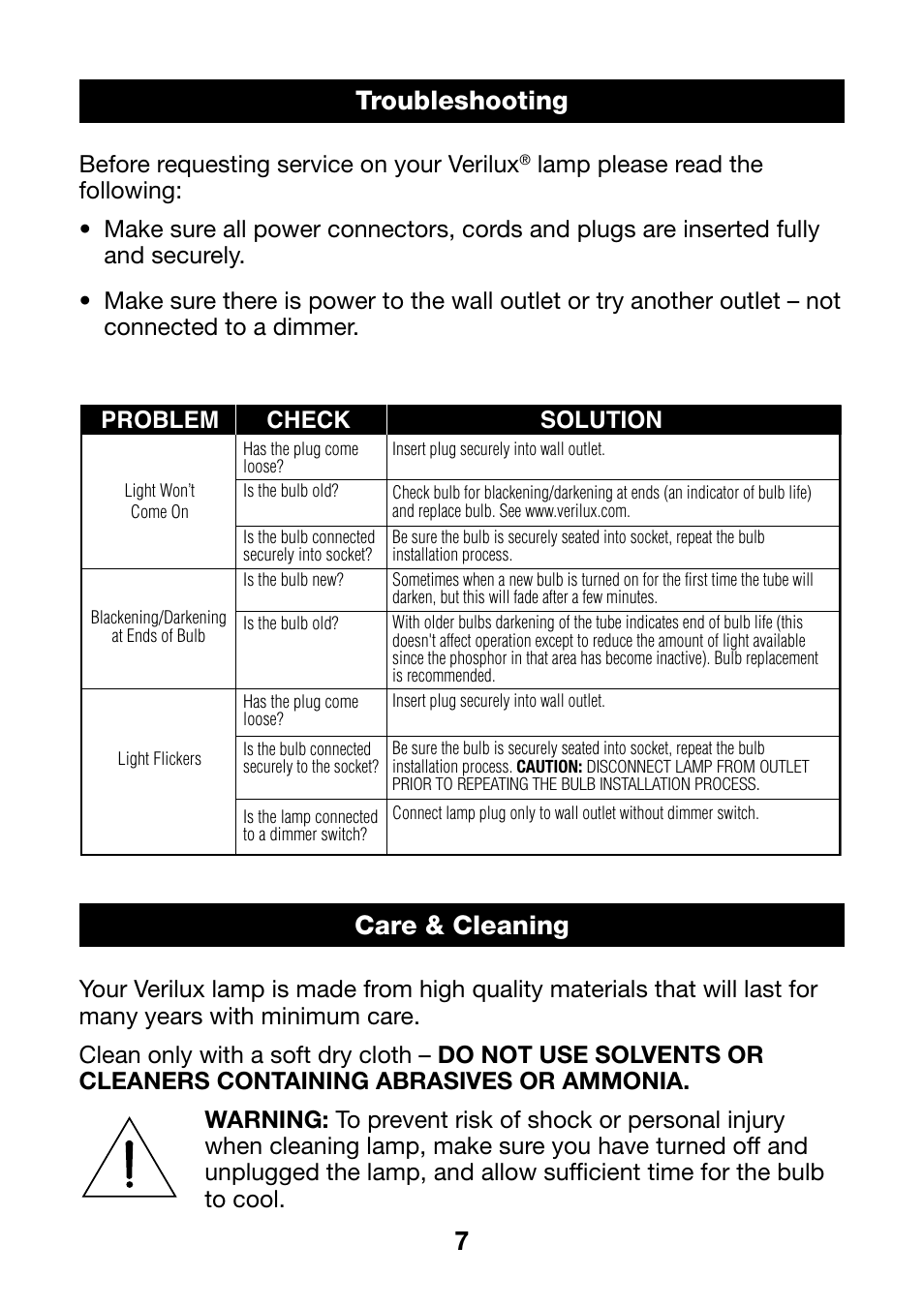 7troubleshooting, Care & cleaning | Verilux VD07 User Manual | Page 7 / 8