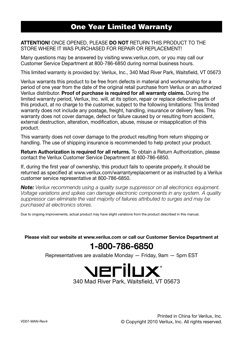 One year limited warranty | Verilux VD07 User Manual | Page 8 / 8