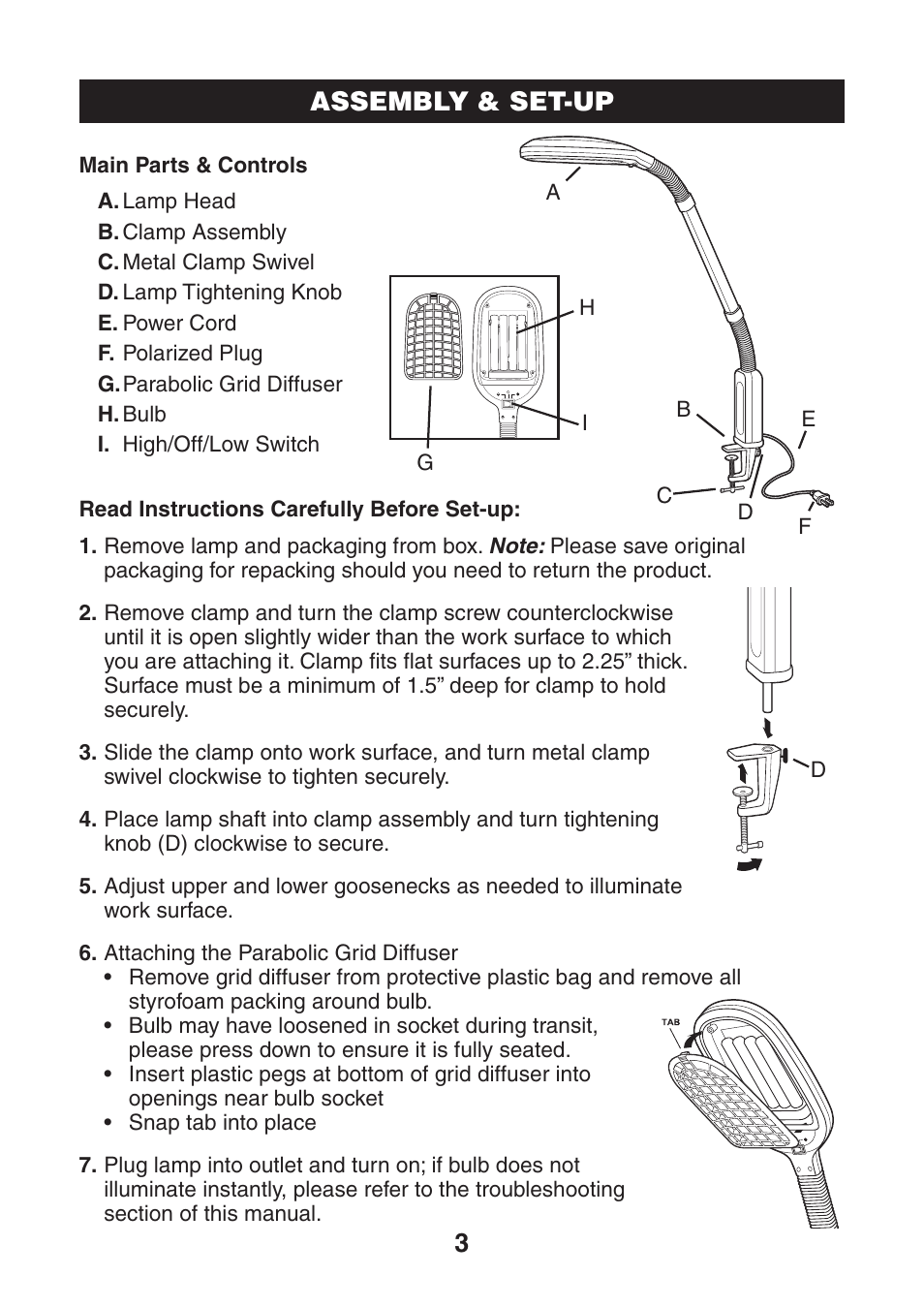 3assembly & set-up | Verilux VC01 User Manual | Page 4 / 8