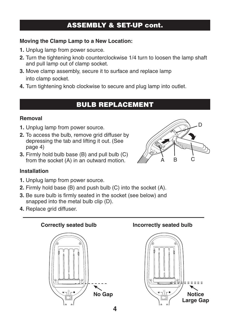 4assembly & set-up cont, Bulb replacement | Verilux VC01 User Manual | Page 5 / 8