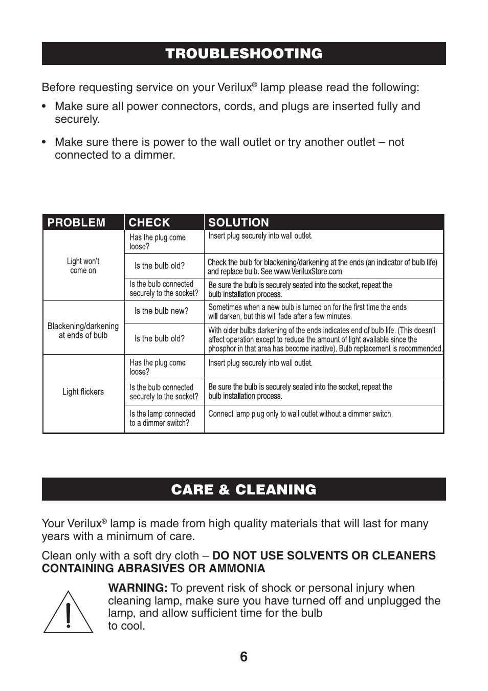 6troubleshooting, Care & cleaning | Verilux VC01 User Manual | Page 7 / 8