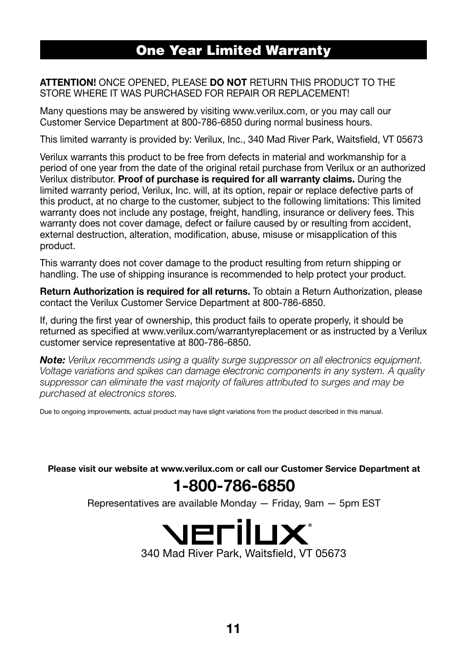 11 one year limited warranty | Verilux VD01 User Manual | Page 11 / 12