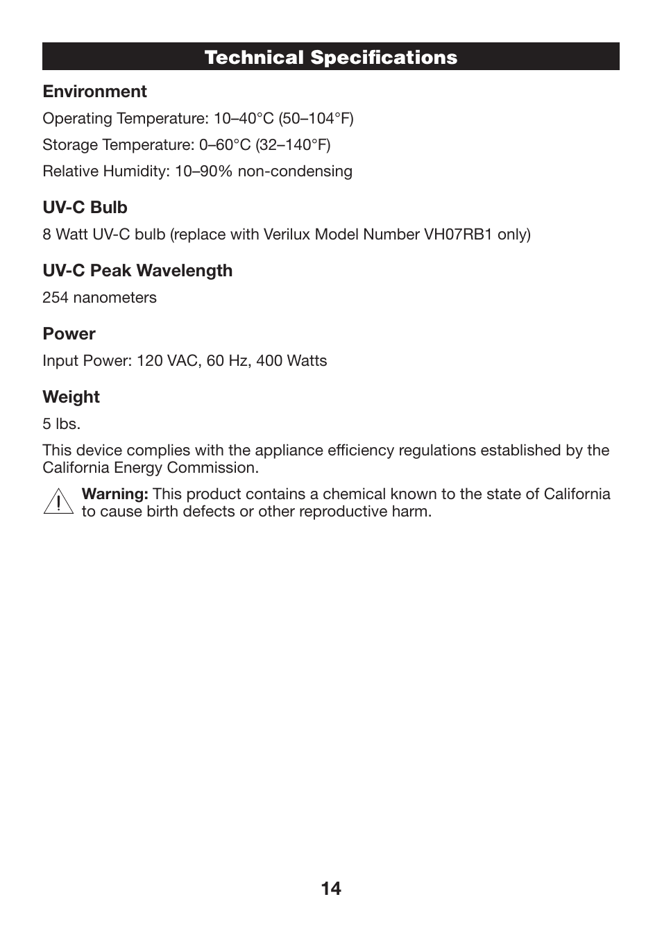 14 technical specifications | Verilux VH07 User Manual | Page 14 / 16