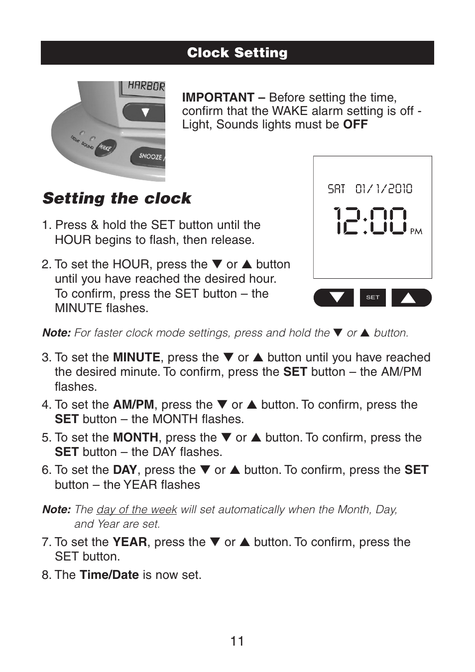 Setting the clock | Verilux VA02 User Manual | Page 12 / 20