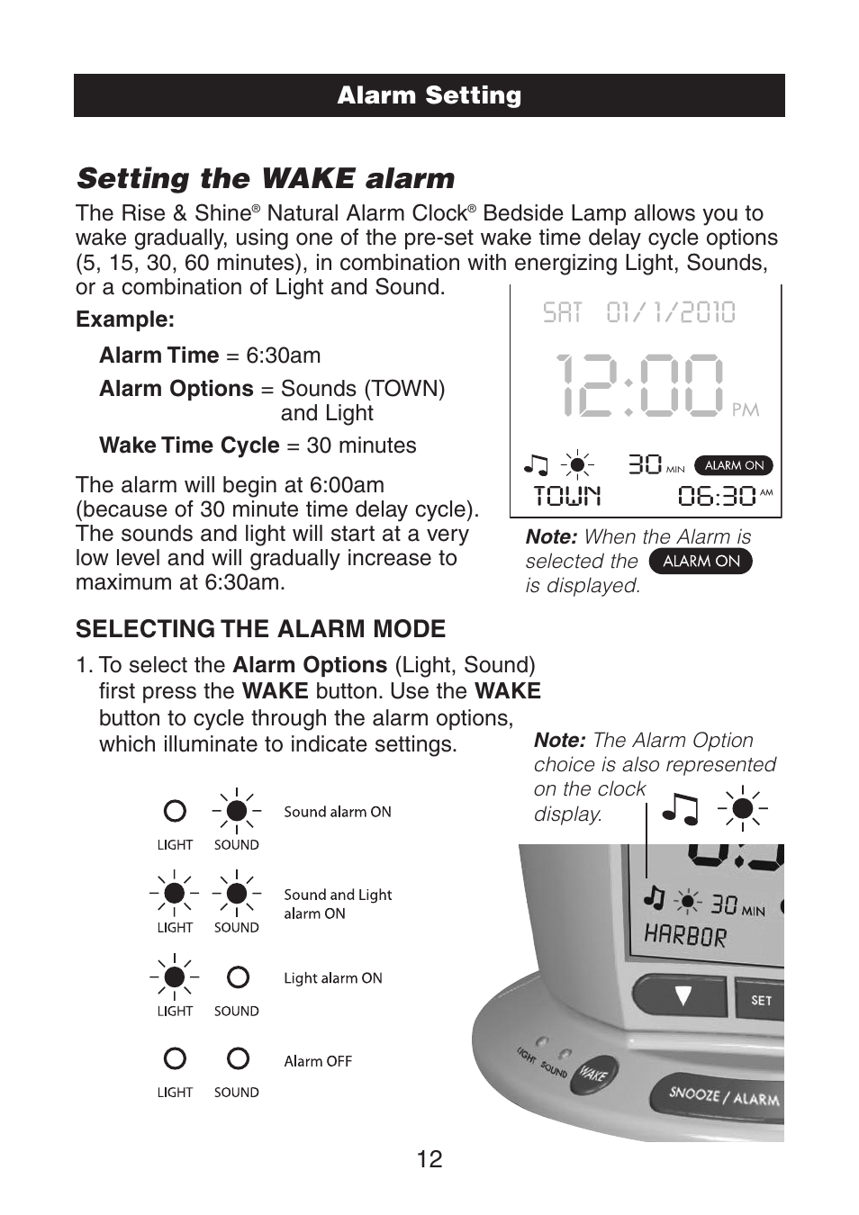 Setting the wake alarm, Selecting the alarm mode, Alarm setting 12 | Verilux VA02 User Manual | Page 13 / 20