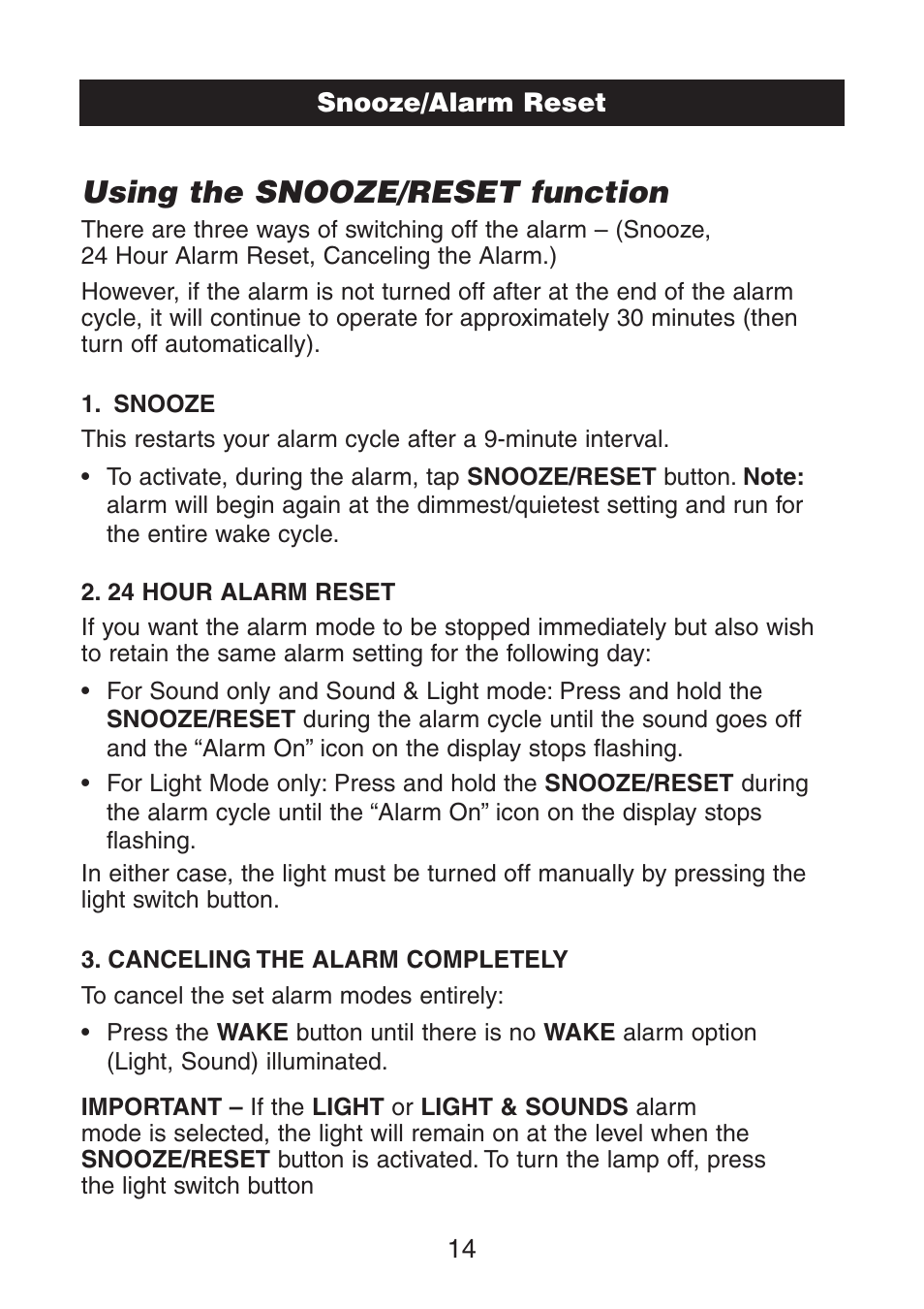 Using the snooze/reset function | Verilux VA02 User Manual | Page 15 / 20