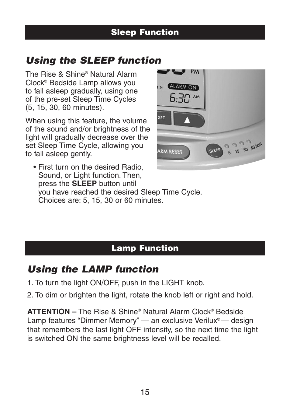 Using the sleep function, Using the lamp function, Sleep function 15 | Lamp function | Verilux VA02 User Manual | Page 16 / 20