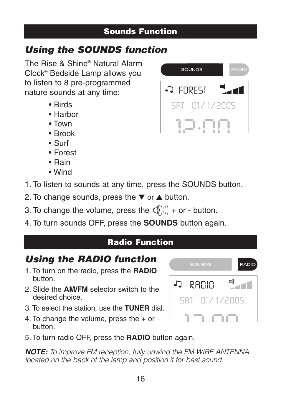 Using the sounds function, Using the radio function | Verilux VA02 User Manual | Page 17 / 20