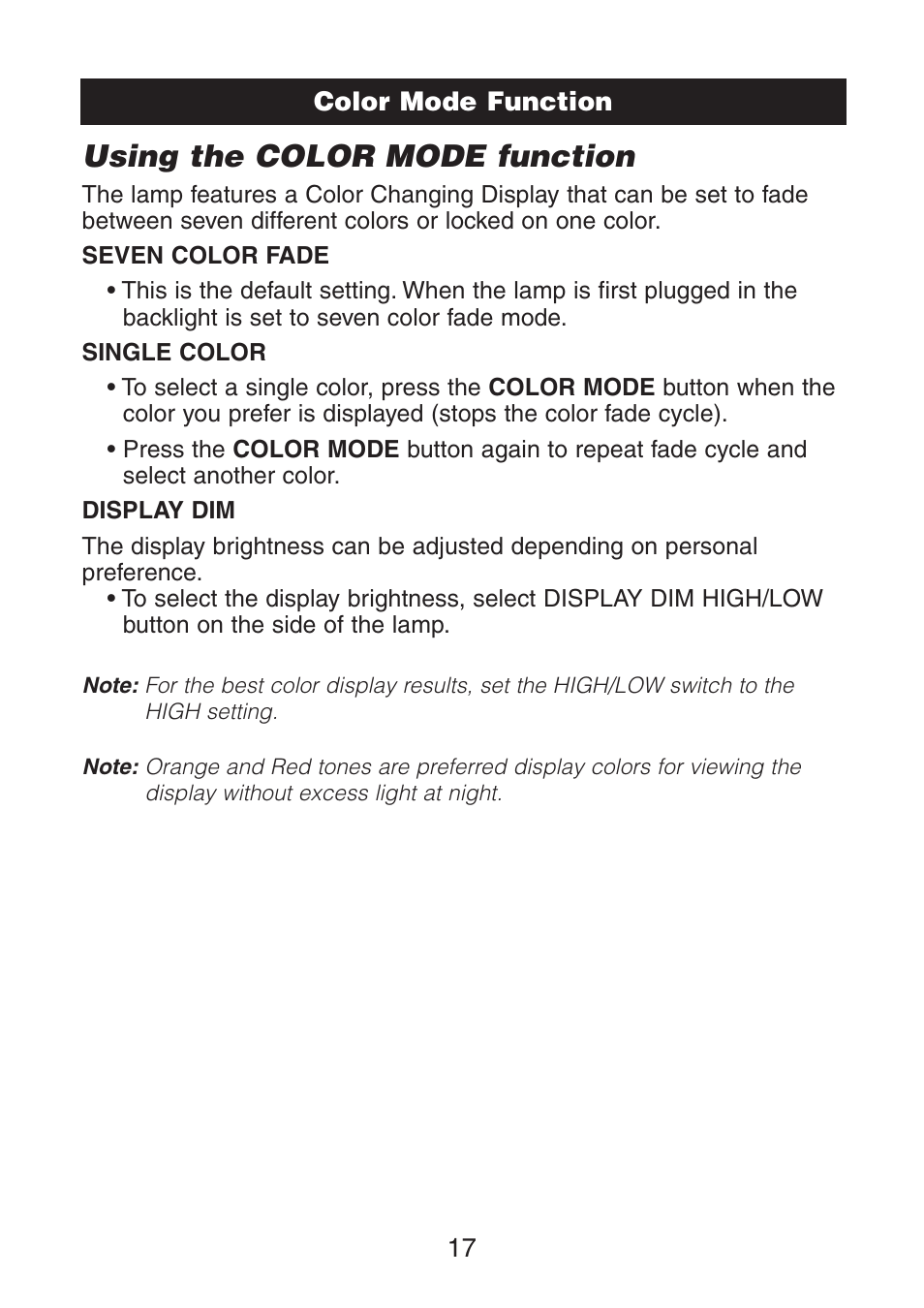 Using the color mode function | Verilux VA02 User Manual | Page 18 / 20