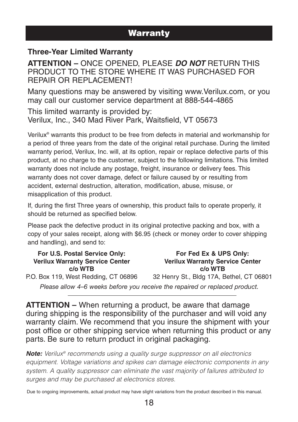18 warranty, Do not | Verilux VA02 User Manual | Page 19 / 20