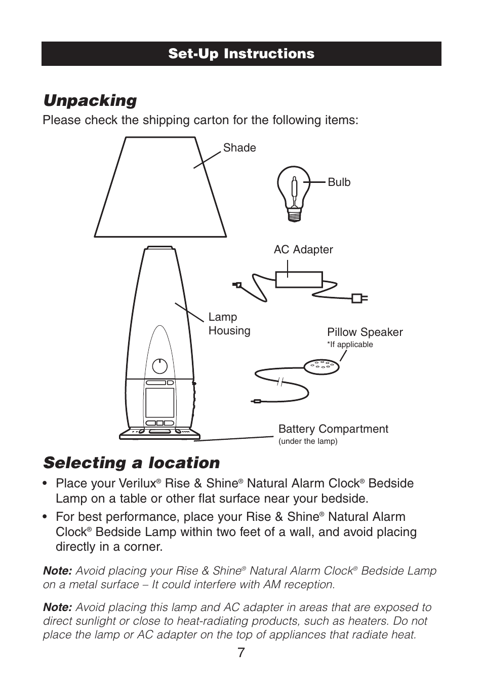 Unpacking, Selecting a location, Set-up instructions 7 | Verilux VA02 User Manual | Page 8 / 20