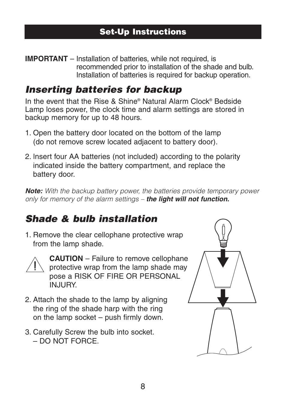 Inserting batteries for backup, Shade & bulb installation | Verilux VA02 User Manual | Page 9 / 20