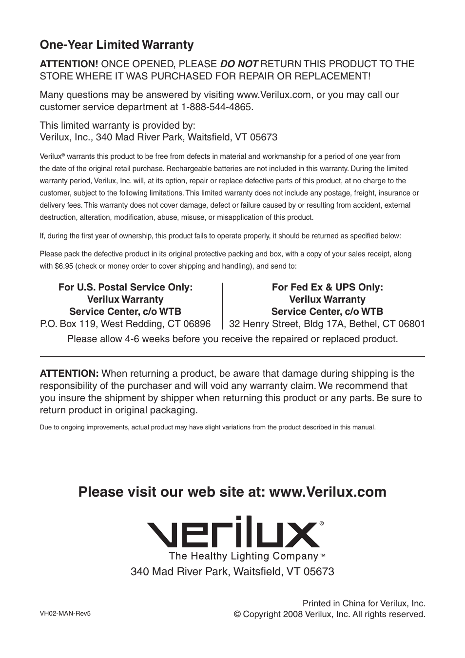 One-year limited warranty | Verilux CLEANWAVE UV-C User Manual | Page 8 / 8