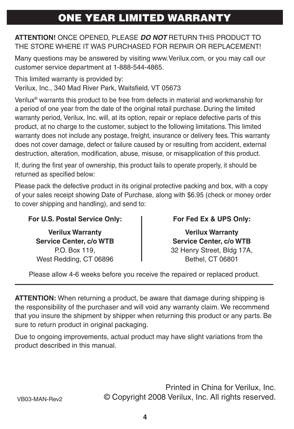 Verilux ReadyLight VB03 User Manual | Page 4 / 4