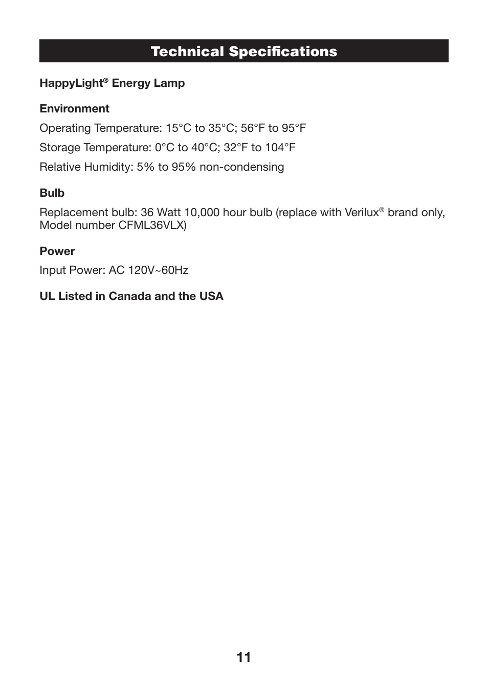 11 technical specifi cations | Verilux 571391 User Manual | Page 11 / 12