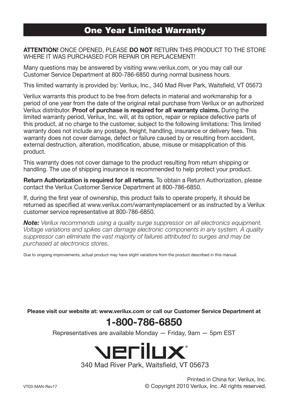 One year limited warranty | Verilux 571391 User Manual | Page 12 / 12