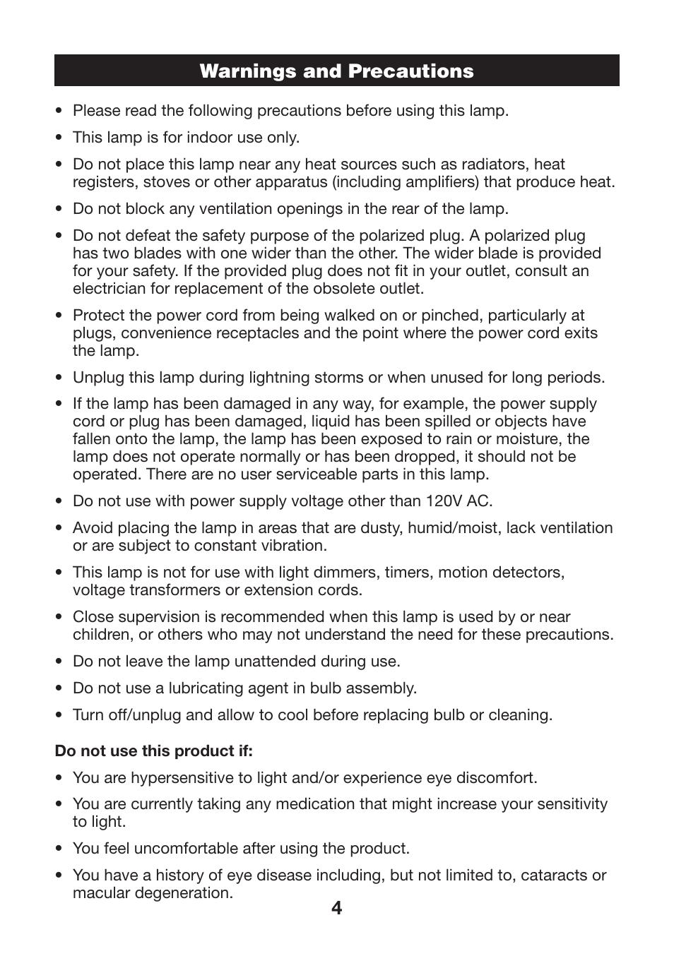 Warnings and precautions | Verilux 571391 User Manual | Page 4 / 12