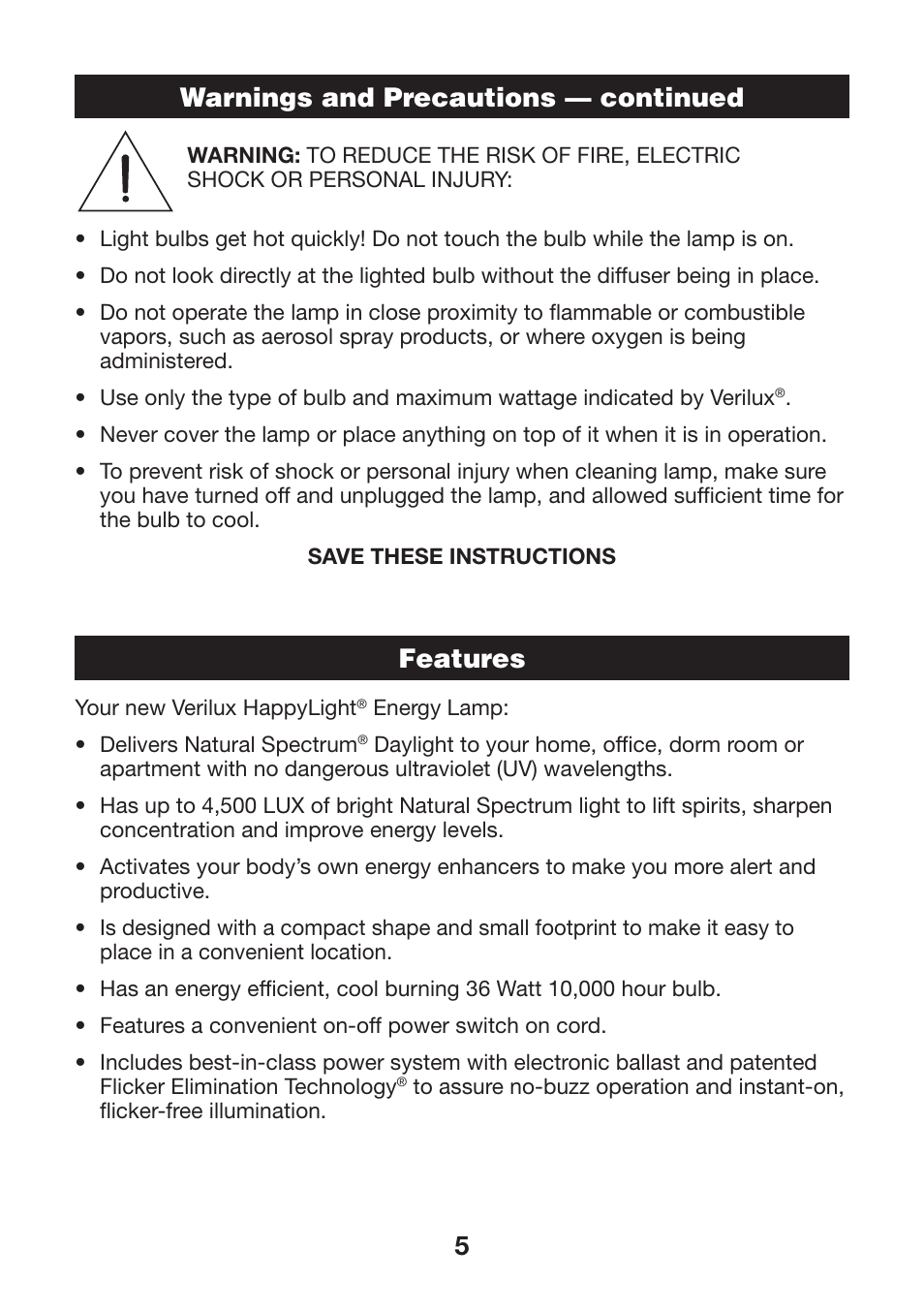 5warnings and precautions — continued features | Verilux 571391 User Manual | Page 5 / 12