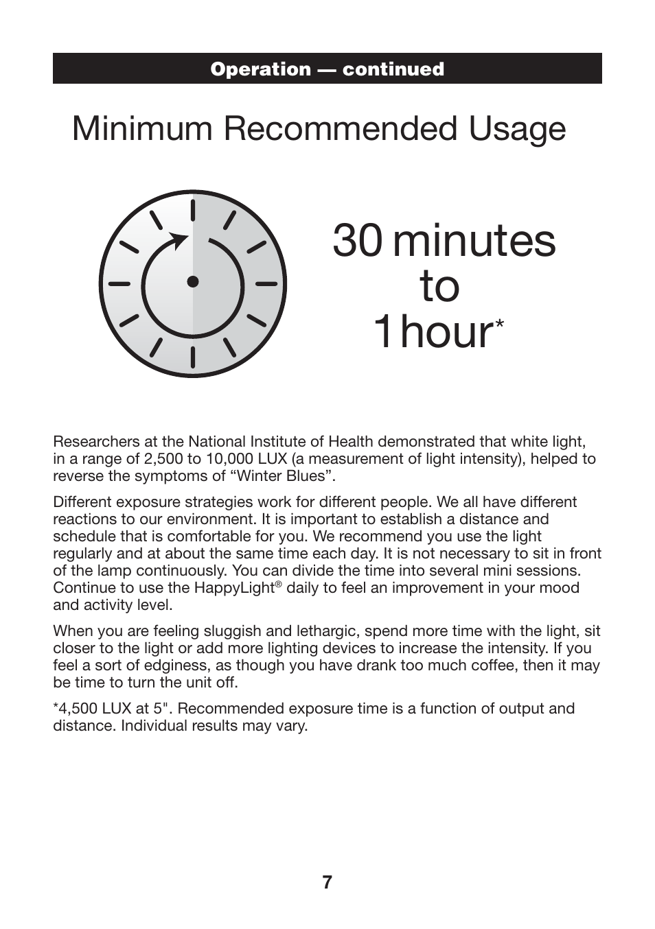 Minimum recommended usage | Verilux 571391 User Manual | Page 7 / 12