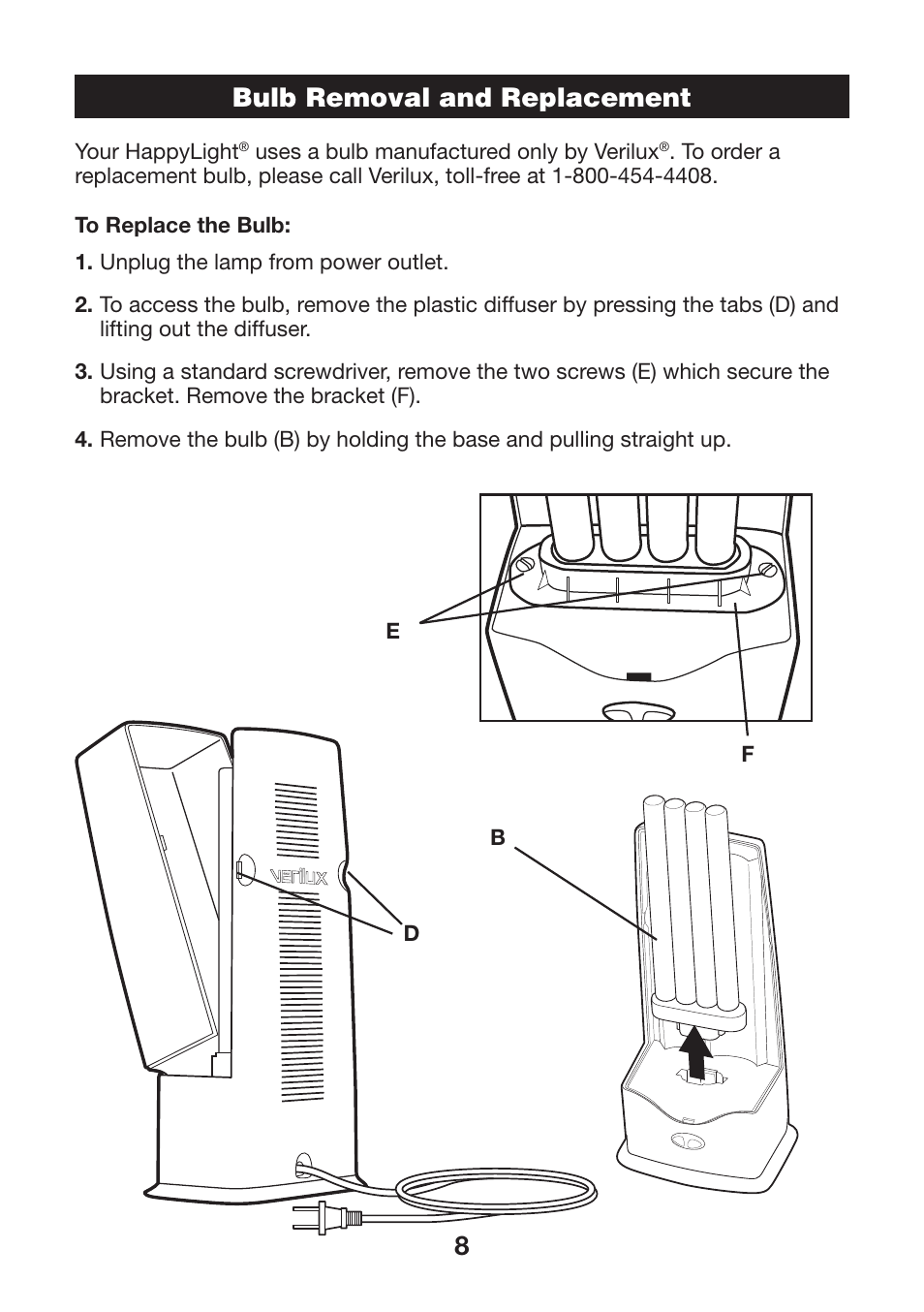 Bulb removal and replacement | Verilux 571391 User Manual | Page 8 / 12