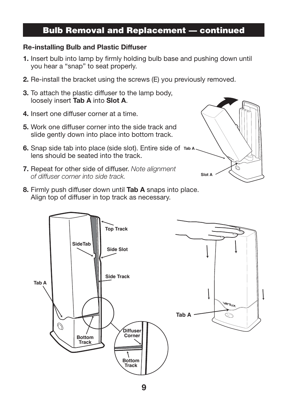 9bulb removal and replacement — continued | Verilux 571391 User Manual | Page 9 / 12