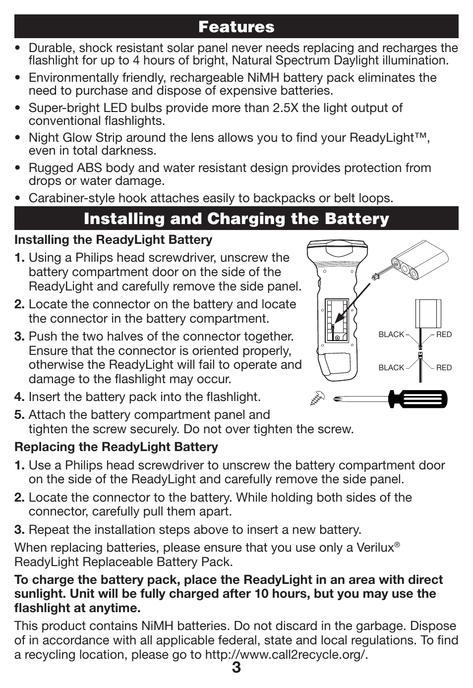 Features installing and charging the battery | Verilux VB03 User Manual | Page 3 / 4