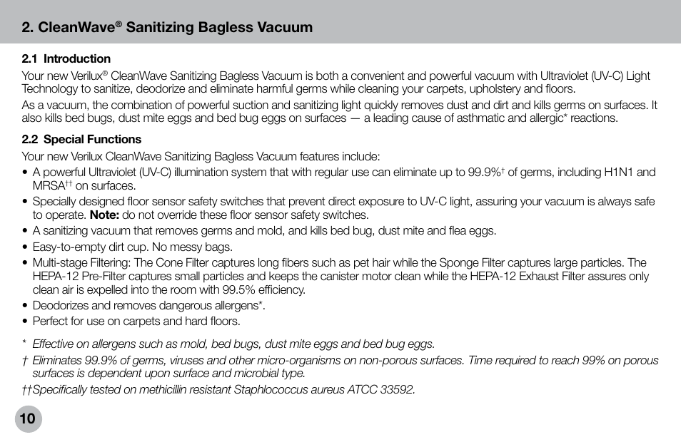 10 2. cleanwave, Sanitizing bagless vacuum | Verilux VH04WW1 User Manual | Page 10 / 32