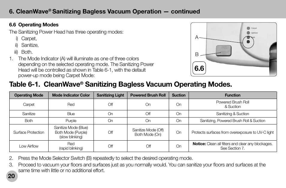 6 table 6-1. cleanwave, Sanitizing bagless vacuum operating modes, 20 6. cleanwave | Sanitizing bagless vacuum operation — continued | Verilux VH04WW1 User Manual | Page 20 / 32