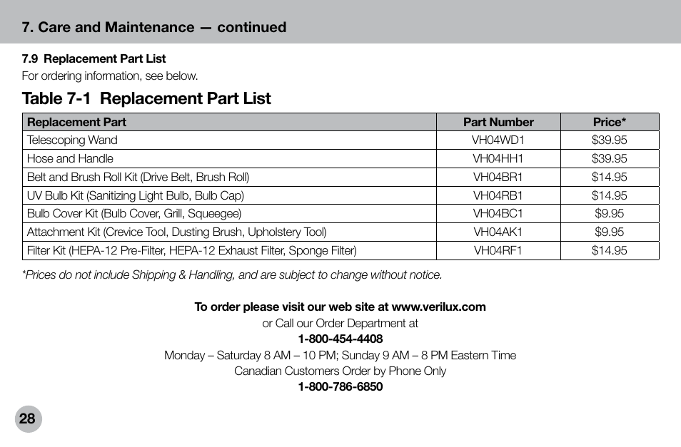 Table 7-1 replacement part list | Verilux VH04WW1 User Manual | Page 28 / 32