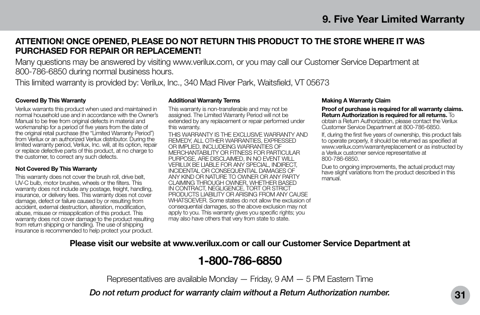 31 9. five year limited warranty | Verilux VH04WW1 User Manual | Page 31 / 32
