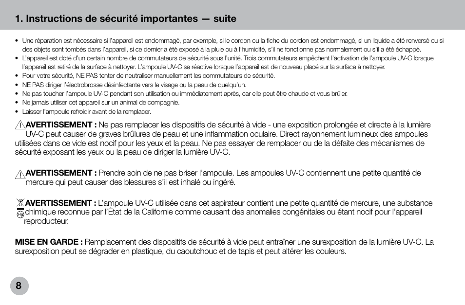 Instructions de sécurité importantes — suite | Verilux VH04WW1 User Manual | Page 8 / 32