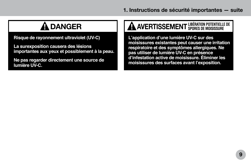 Avertissement danger | Verilux VH04WW1 User Manual | Page 9 / 32