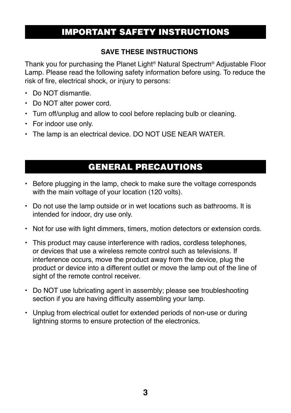 Important safety instructions general precautions | Verilux PLANETLIGHT PL05 User Manual | Page 3 / 8