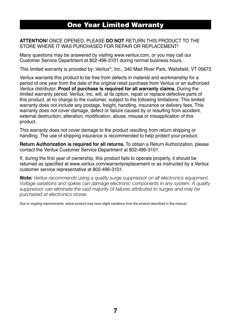 7one year limited warranty | Verilux PLANETLIGHT PL05 User Manual | Page 7 / 8
