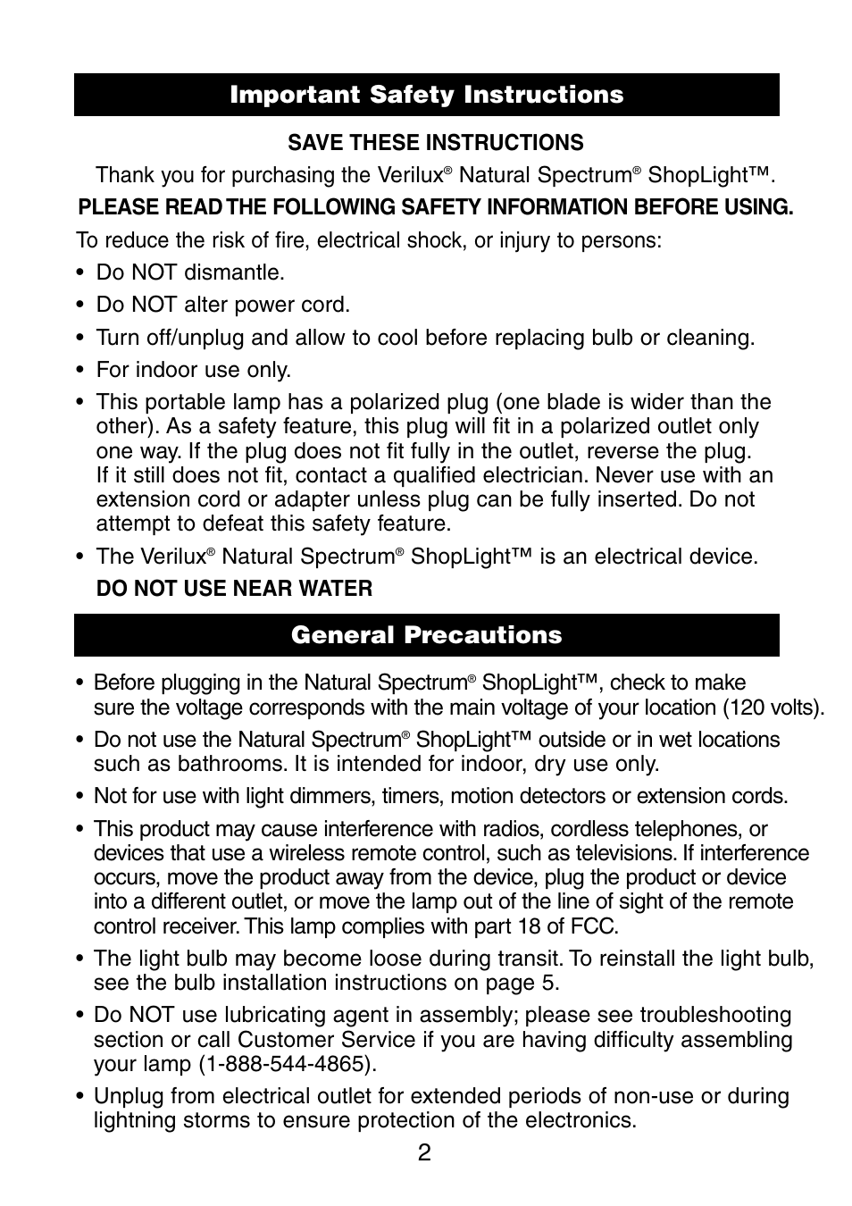 Important safety instructions, General precautions 2 | Verilux VC01HH1 User Manual | Page 3 / 8