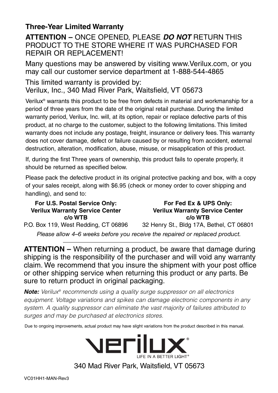 Do not | Verilux VC01HH1 User Manual | Page 8 / 8