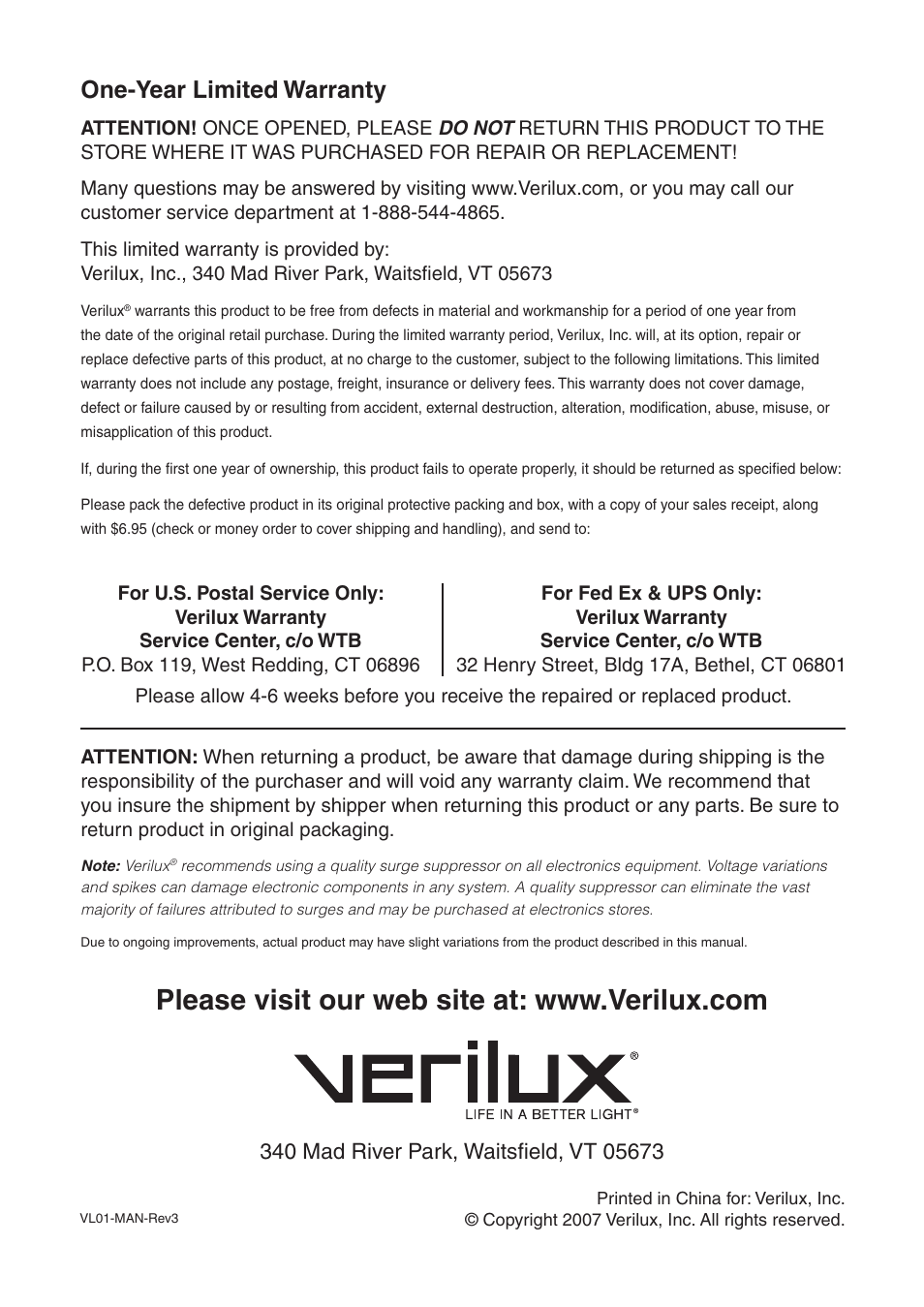 One-year limited warranty | Verilux VL01 User Manual | Page 4 / 4