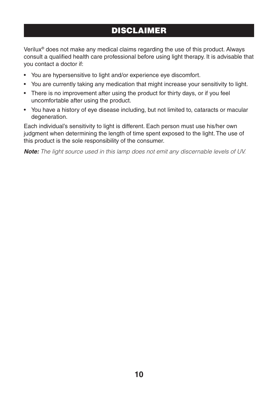 10 disclaimer | Verilux VT04 User Manual | Page 11 / 12