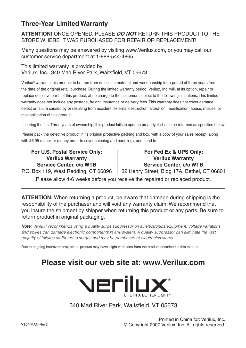 Three-year limited warranty | Verilux VT04 User Manual | Page 12 / 12