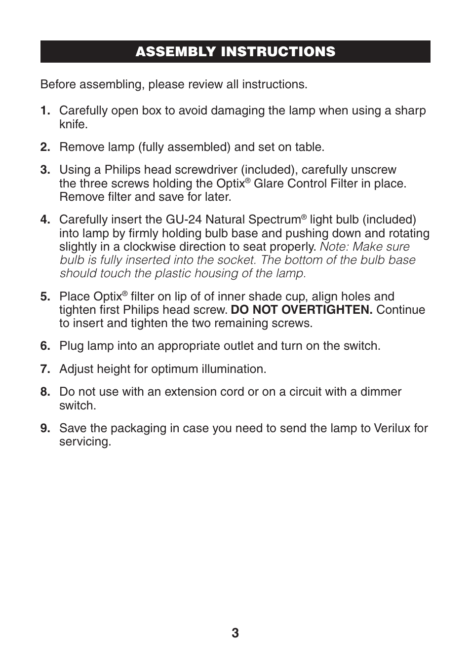 3assembly instructions | Verilux VD08 User Manual | Page 4 / 8