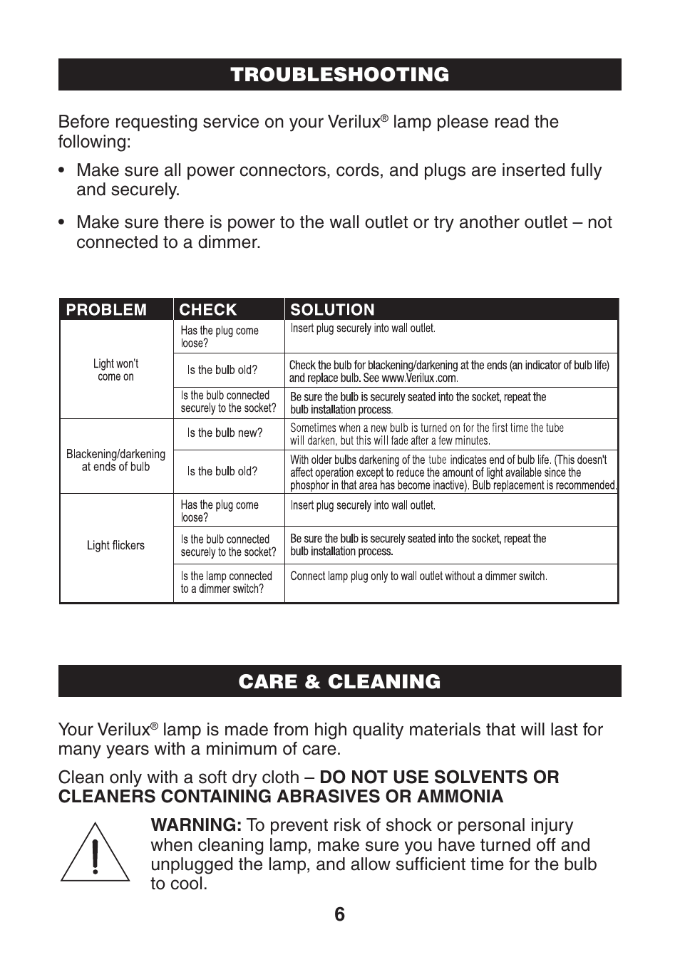 6troubleshooting, Care & cleaning | Verilux LEGACY DELUXE NATURAL SPECTRUM VF04 User Manual | Page 7 / 8